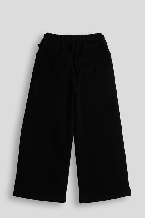 Wide leg denim jeans with fabric tie belt - black