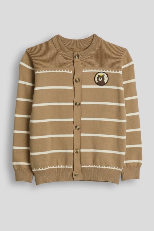 Ribbed shoulder yoke cardigan - brown/stripes