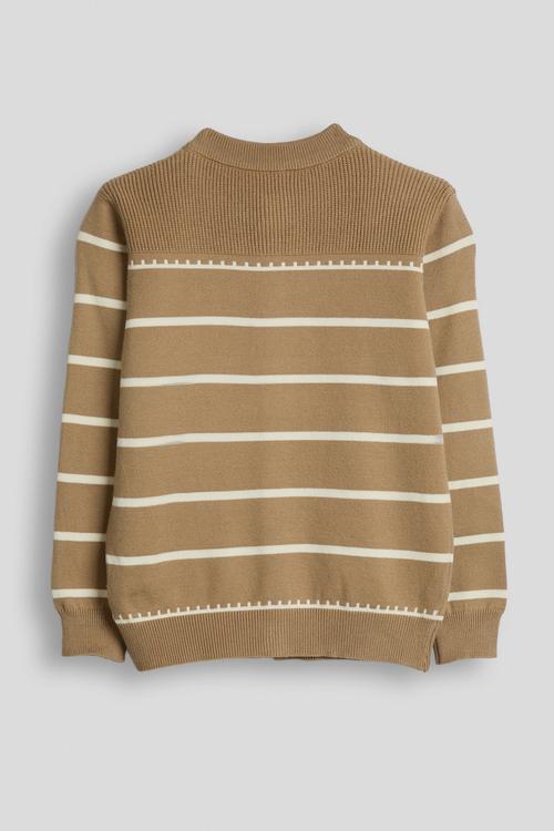 Ribbed shoulder yoke cardigan - brown/stripes