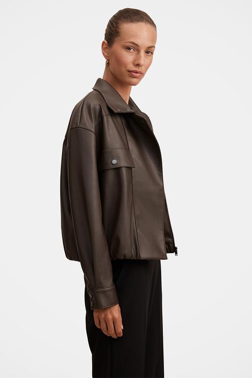 Angela Oversized Pu Bomber Jacket in Chocolate