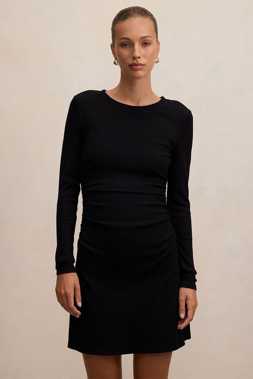 Ash long sleeve ribbed mini dress in black
