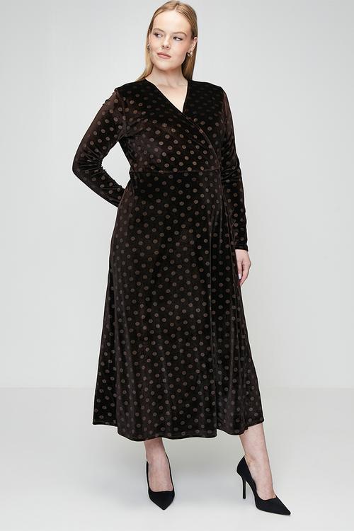 Plus Velvet Choc Spot Wrap Dress - brown