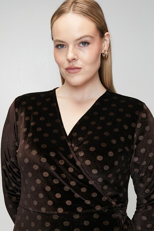 Plus Velvet Choc Spot Wrap Dress - brown