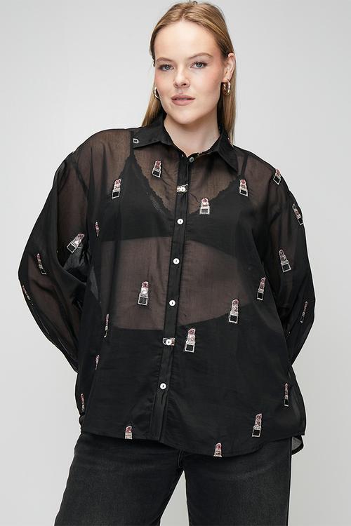 Plus Bellow Sleeve Shirt in Beaded Lipstick - Black