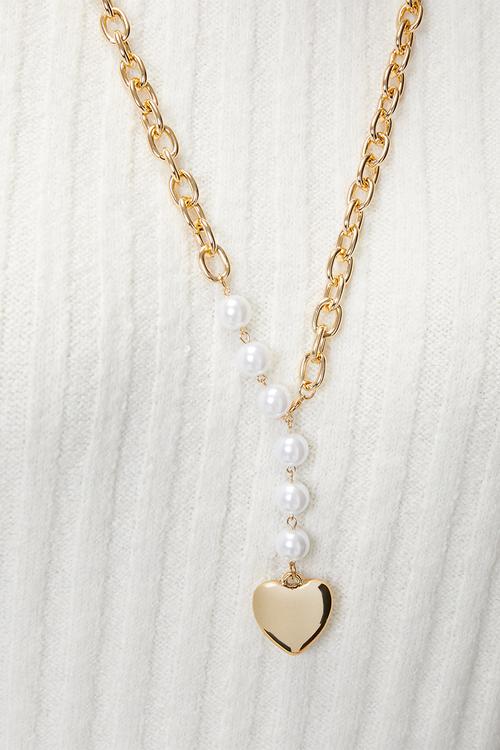 Edena Pearl Chain Necklace With Heart Pendant - Gold