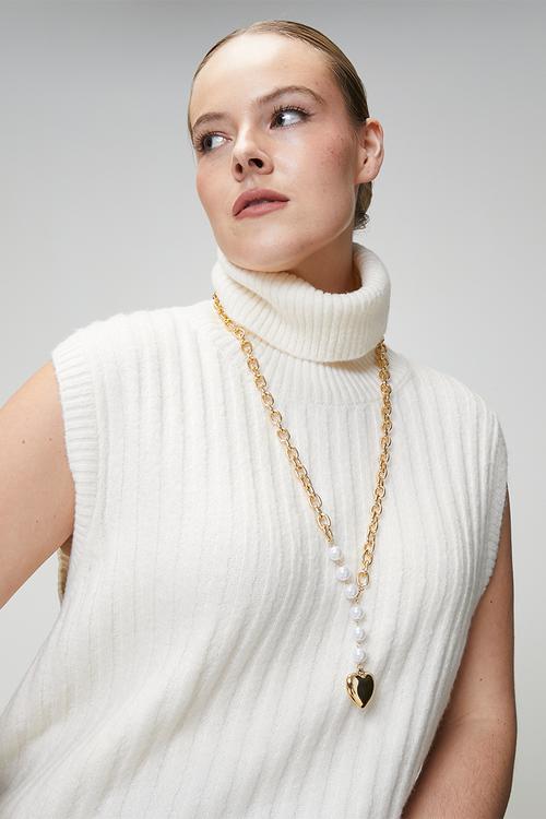Edena Pearl Chain Necklace With Heart Pendant - Gold