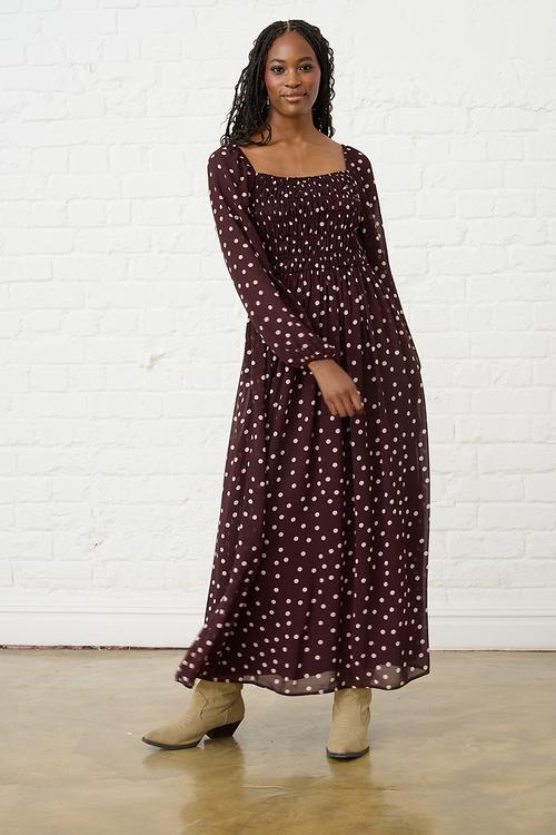 Shirred Georgette Maxi -  Burgundy & Pink