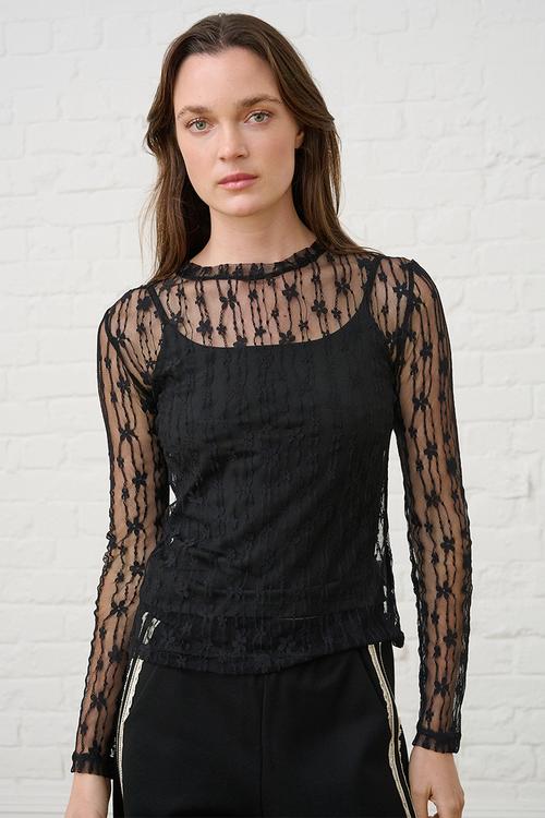 Long Sleeve Top Flower Lace - Black