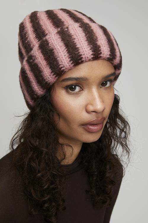 Celestine Stripe Fluffy Turn Up Beanie - brown & pink