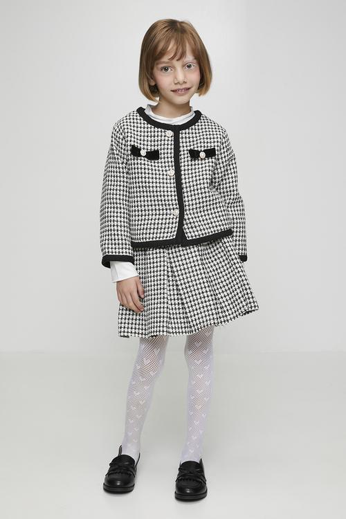 Tweed collarless jacket with pleated skirt - black/white