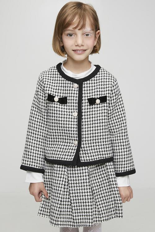 Tweed collarless jacket with pleated skirt - black/white