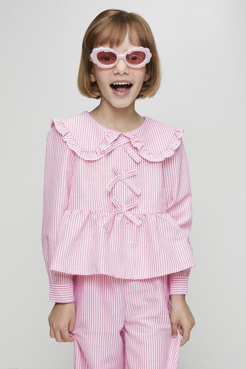 Peter pan collar blouse with pants - pink stripes