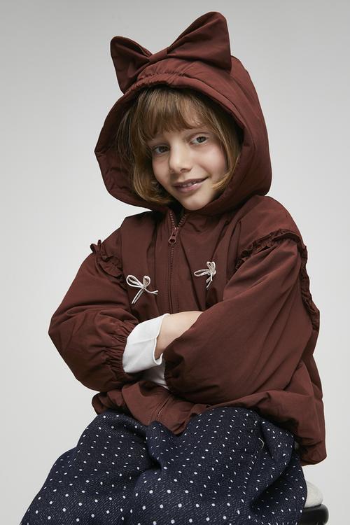 Bow applique puffer jacket with faux fur lining - brownish red