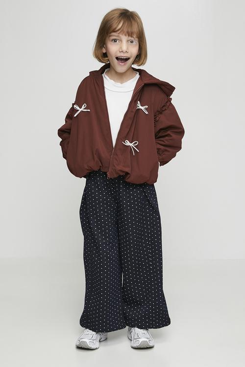 Bow applique puffer jacket with faux fur lining - brownish red