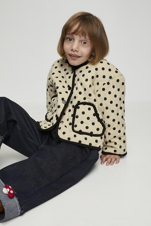 Polka dot onion quilted collarless jacket - barley white/black