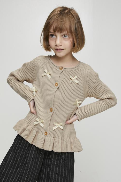 Knit peplum cardigan with bows - beige