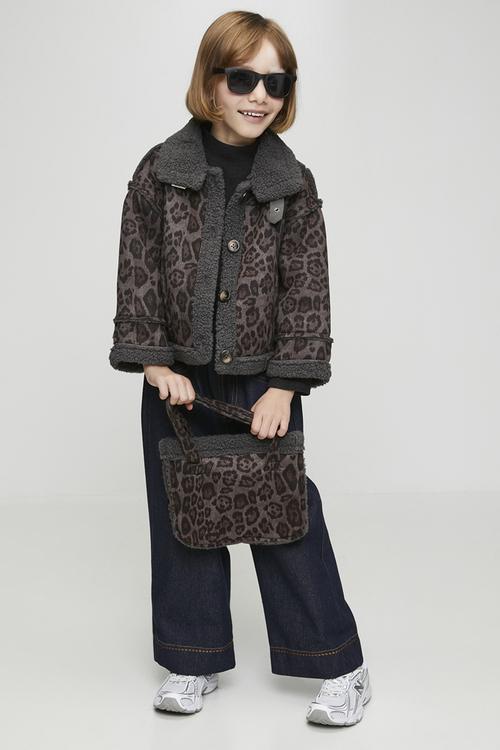 Shearling lined flying jacket & tote bag - leopard print/dark grey