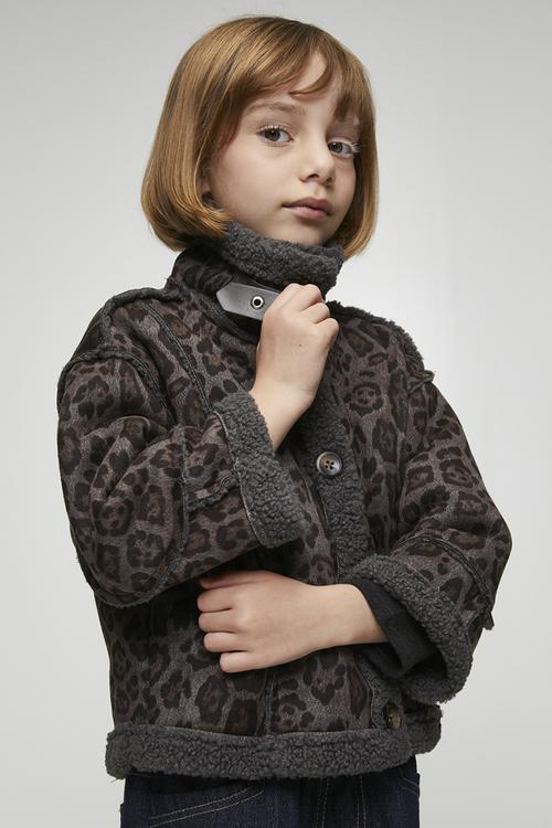 Shearling lined flying jacket & tote bag - leopard print/dark grey
