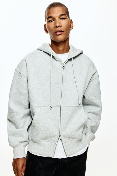 Oversized fit zip-through hoodie - light grey marl