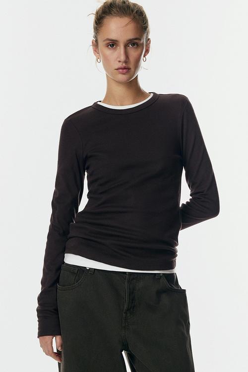 Long-sleeved jersey top - dark brown