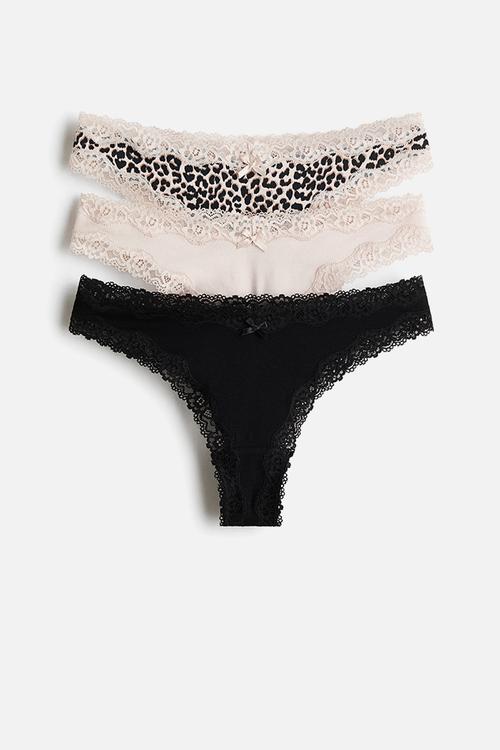 3-pack cotton and lace brazilian briefs - light beige/leopard print