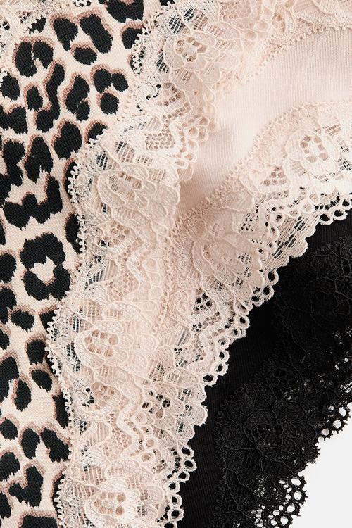3-pack cotton and lace brazilian briefs - light beige/leopard print