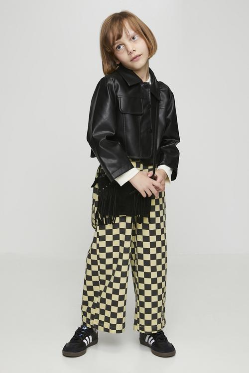 Button tab wide leg jeans - black checkerboard/beige