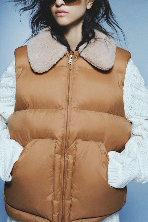 Teddy-collared puffer gilet - brown