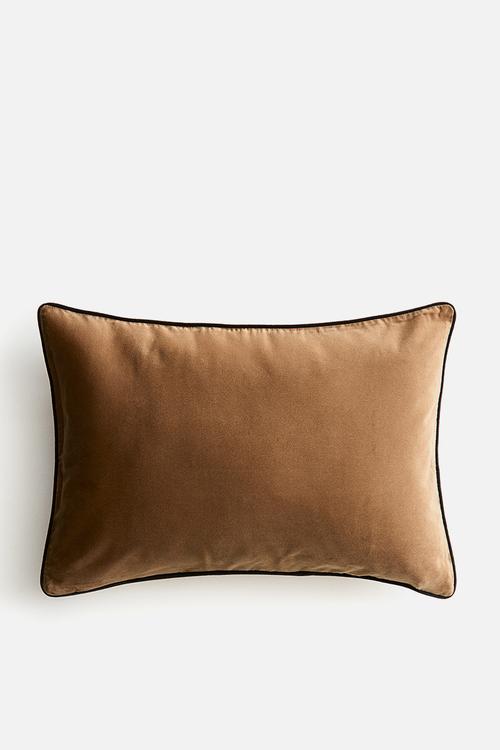 Piping-detail velvet cushion cover - light beige/brown