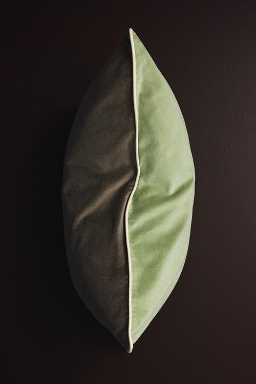 Piping-detail velvet cushion cover - light green/greige