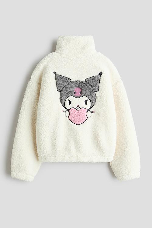 Motif-detail teddy jacket - white/kuromi