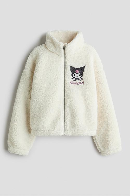 Motif-detail teddy jacket - white/kuromi