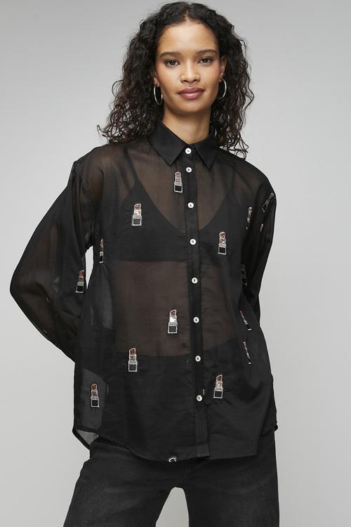 Bellow Sleeve Shirt in Beaded Lipstick - Black