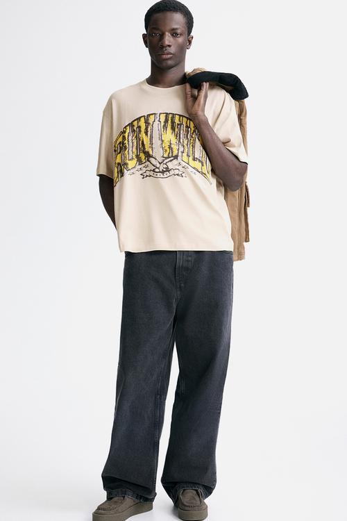 Loose fit printed T-shirt - beige/run wild