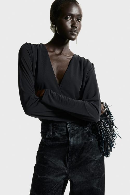 Draped v-neck thong body - black