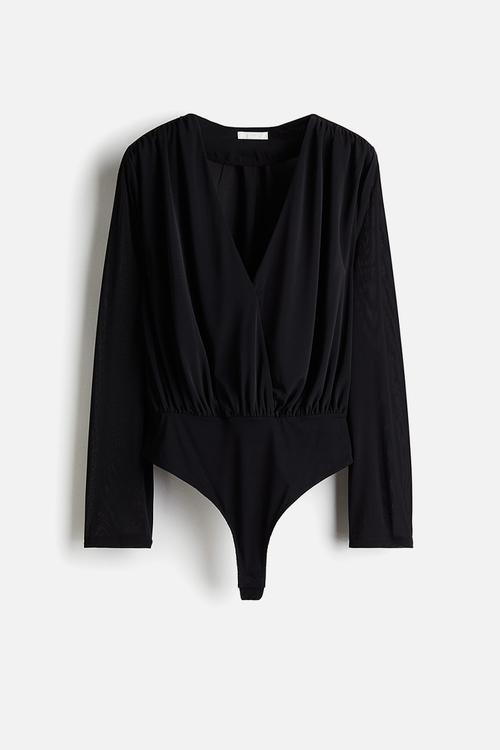 Draped v-neck thong body - black