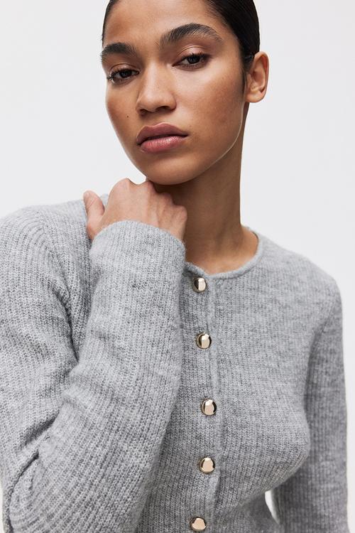 Rib-knit peplum cardigan - light grey marl