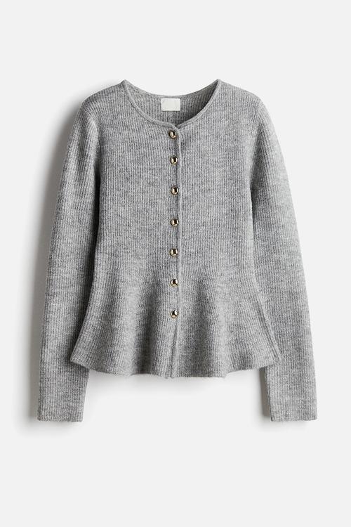 Rib-knit peplum cardigan - light grey marl