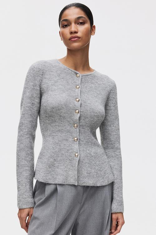 Rib-knit peplum cardigan - light grey marl