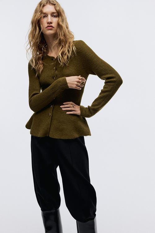 Rib-knit peplum cardigan - dark khaki green