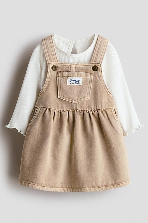 2-piece dungaree dress and top set - beige/white