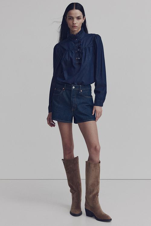 Frill-collared denim blouse - dark denim blue