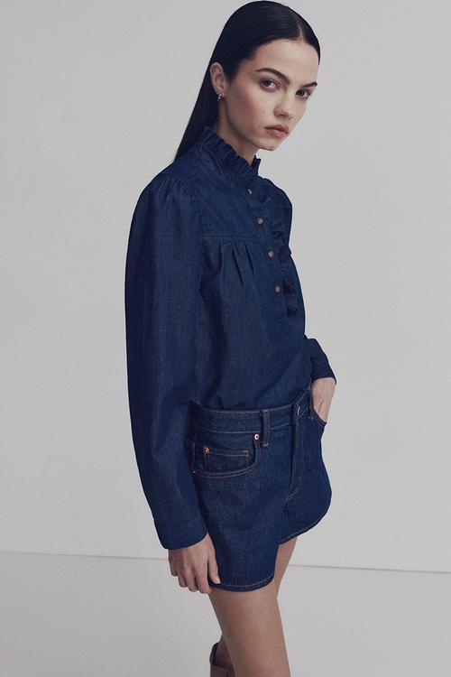 Frill-collared denim blouse - dark denim blue