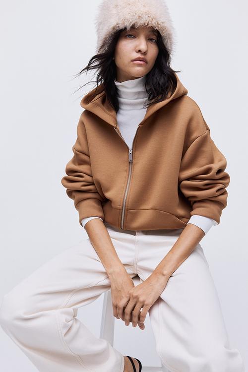 Scuba zip-through hoodie - dark beige