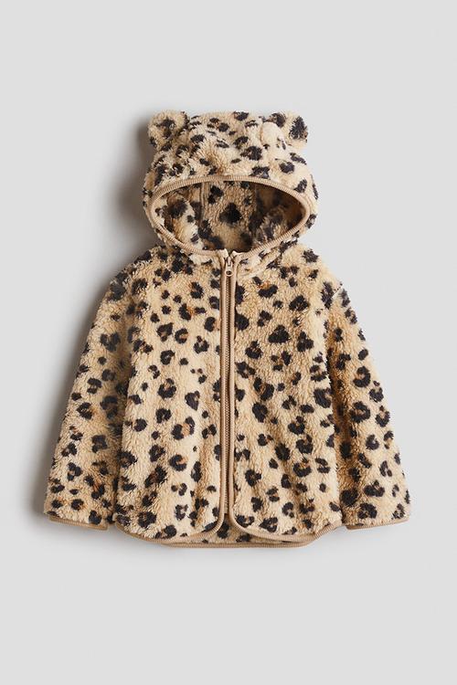 Zip-through teddy hoodie - beige/leopard print