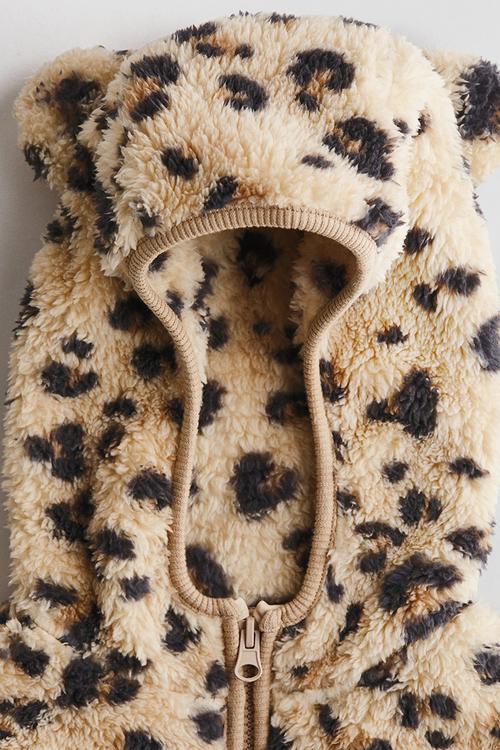 Zip-through teddy hoodie - beige/leopard print