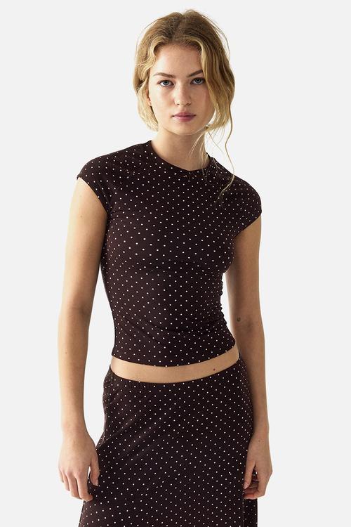 Cap-sleeved jersey top - dark brown/spotted