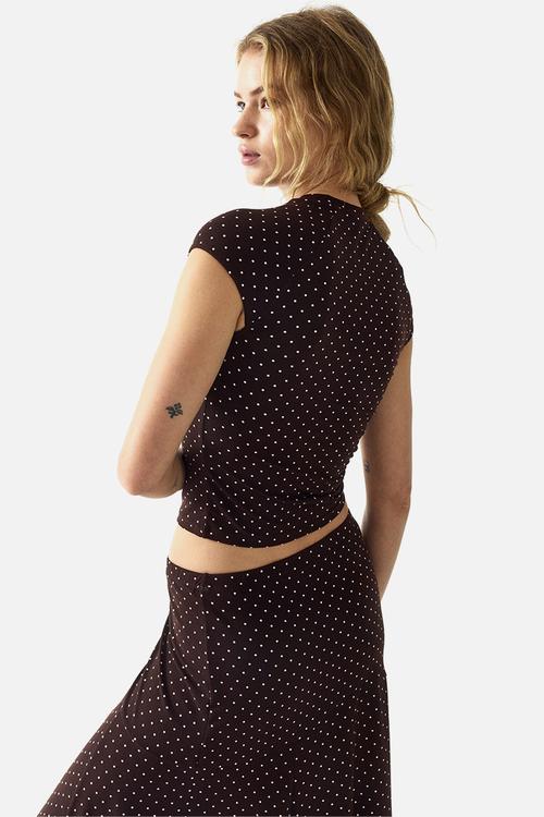 Cap-sleeved jersey top - dark brown/spotted