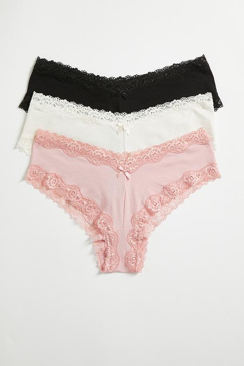 3 Pack cotton and lace hipster briefs - light pink/black