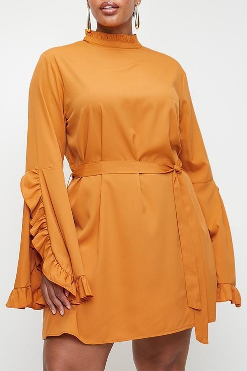 Boho high neck wide sleeve shift dress - mustard
